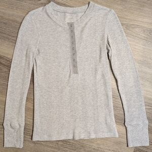 Aerie Ribbed Long Sleeve Henley Top | Snap Button Front | Heather Gray | Size S
